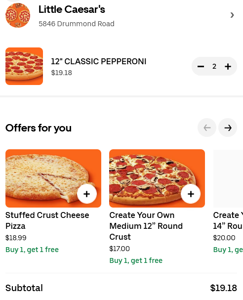 ChodeMisery's tweet photo. @littlecaesars Guess you're just SCAMMING people now.

Both of these are orders for 2 medium pepperoni pizzas. Nothing else, but one of them is using your 2 for 1 deal.

But your 2 for 1 deal, which should effectively be 50% off, is MORE EXPENSIVE than ordering WITHOUT the promo. https://t.co/JypK2YwyyF