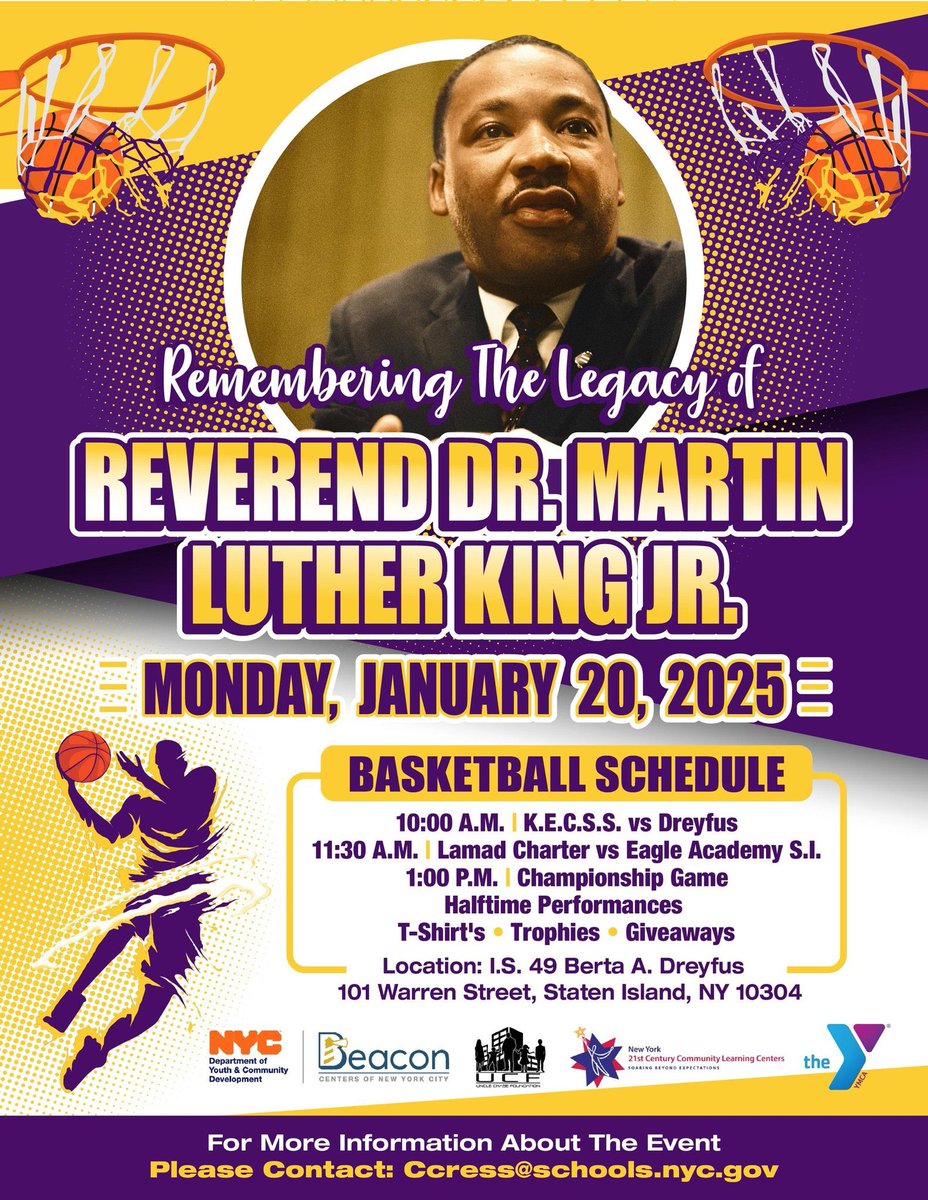 EagleAcademySI (@eagle_staten) on Twitter photo Join us this MLK Day as we honor the legacy of Reverend Dr. Martin Luther King Jr. with an exciting day of basketball! 🏀
📅 Monday, January 20, 2025
📍 Middle School Campus (IS 49)
Games, halftime performances, trophies, giveaways & more! Don’t miss it! #MLKDay #Basketball Join us this MLK Day as we honor the legacy of Reverend Dr. Martin Luther King Jr. with an exciting day of basketball! 🏀
📅 Monday, January 20, 2025
📍 Middle School Campus (IS 49)
Games, halftime performances, trophies, giveaways & more! Don’t miss it! #MLKDay #Basketball