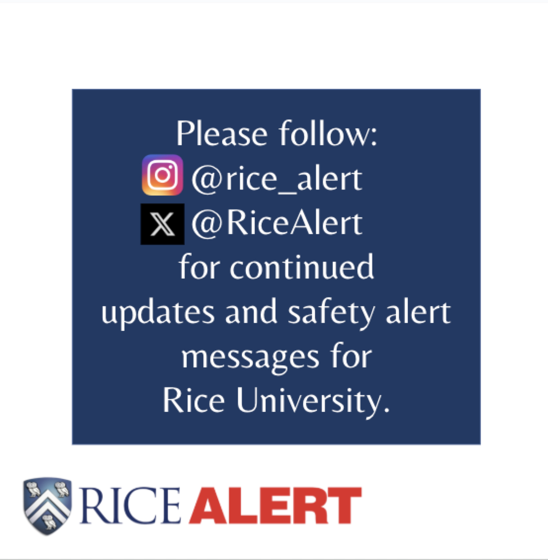 RiceAlert's tweet photo. #RiceAlert will be closed Tuesday, Jan. 21, with some exceptions. Check https://t.co/3ffIgbu1YF for details. We are monitoring the weather for decisions about Jan 22. https://t.co/tHInYq4WJv