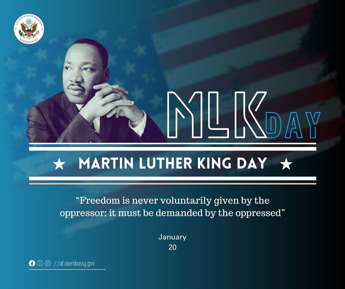 U.S. Embassy Kabul (@usembassykabul) on Twitter photo Today, we honor Dr. Martin Luther King Jr.'s legacy of equality, justice, and nonviolent change. His dream continues to inspire us to build a better, fairer world for all.
"Our lives begin to end the day we become silent about things that matter." - Martin Luther King Today, we honor Dr. Martin Luther King Jr.'s legacy of equality, justice, and nonviolent change. His dream continues to inspire us to build a better, fairer world for all.
"Our lives begin to end the day we become silent about things that matter." - Martin Luther King