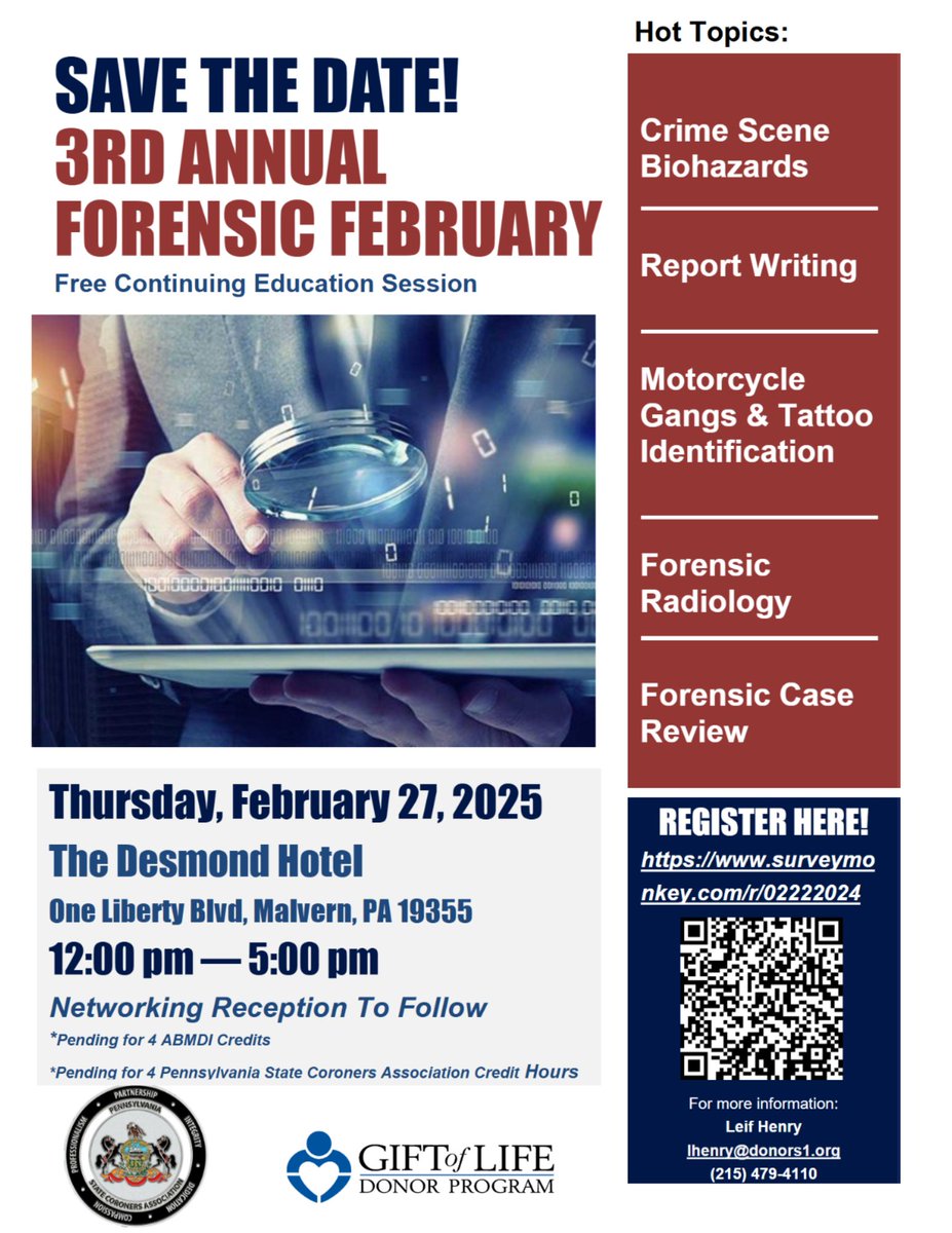 📢 We are thrilled to announce that our Chief Medical Officer and Forensic Radiologist, Dr. Jamie Elifritz, has been invited to speak at the Gift of Life’s 3rd Annual Forensic February Symposium! Join us on Thursday, February 27, 2025, at the Desmond Hotel in Malvern, PA, as Dr.