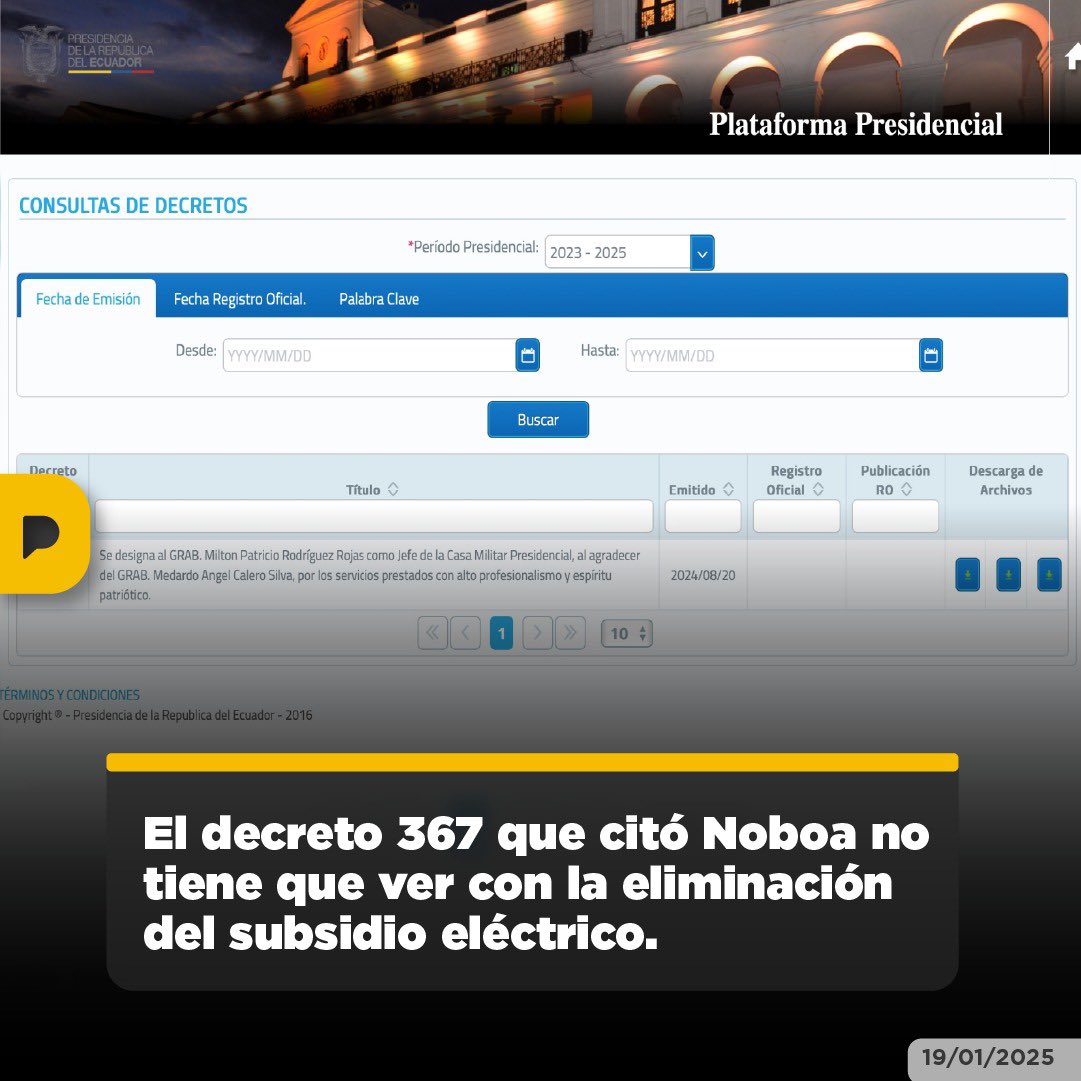 A ver, sin mentir. El candidato Daniel Noboa discrepó con Escala en que el decreto 367 establece la eliminación del subsidio eléctrico, pero la verdad es que eso no es así. #ElDebateEnLaPosta