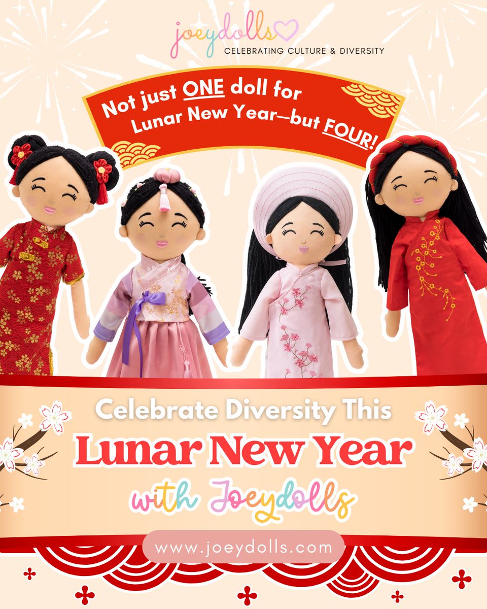 🌕✨ Celebrate Lunar New Year with Joeydolls! We don’t just have 1 doll—we have 4 for Chūn Jié, Seollal, and Tết! 🌸
🎉 Mei (Chinese)
🎊 Danbi (Korean)
🌸 Hoa &amp; Thuong (Vietnamese)
Shop: joeydolls.com/lunar-new-year/
#LunarNewYear #Tet #Seollal #RepresentationMatters