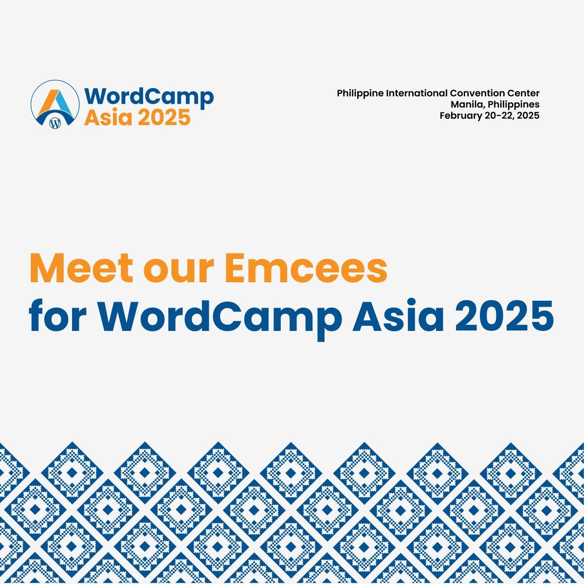 WordCampAsia's tweet image. 🎤 Meet the #WCAsia 2025 Emcees!

Get ready for an unforgettable experience with our incredible emcees - keeping the energy high and the sessions flowing. 🎉
Meet our emcees: buff.ly/4jp7SI8

Feb 2025 | Manila
Don’t miss out: buff.ly/4flEK2J

#Emcees #WordPress
