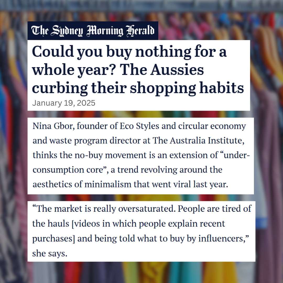TheAusInstitute's tweet photo. "Australians are the world leaders in clothing consumption and spent a record $6.7 billion in last year’s Black Friday sales."

@NinaGbor spoke to @smh about the 'buy nothing' trend amidst a cost-of-living crisis &amp; growing fast fashion waste #auspol #climate https://t.co/FIIqGRGIq4
