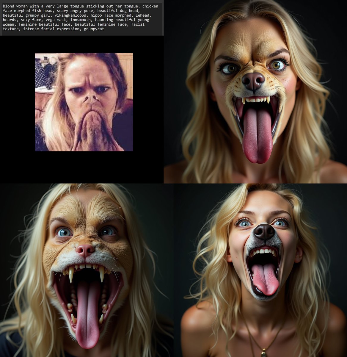 zer0int1's tweet photo. Concept capture test [top left] @ #CLIP #Interrogator 2025
#flux1-dev, #LongCLIP-#SAE  
(both for get.prompt and as text encoder -> DiT)

I say: 🔥💯 &amp; 🤯👍
#nailedit

#AI #AIart #furry #fursuitfriday #dogwoman #perfect https://t.co/EDiSK9AtmU