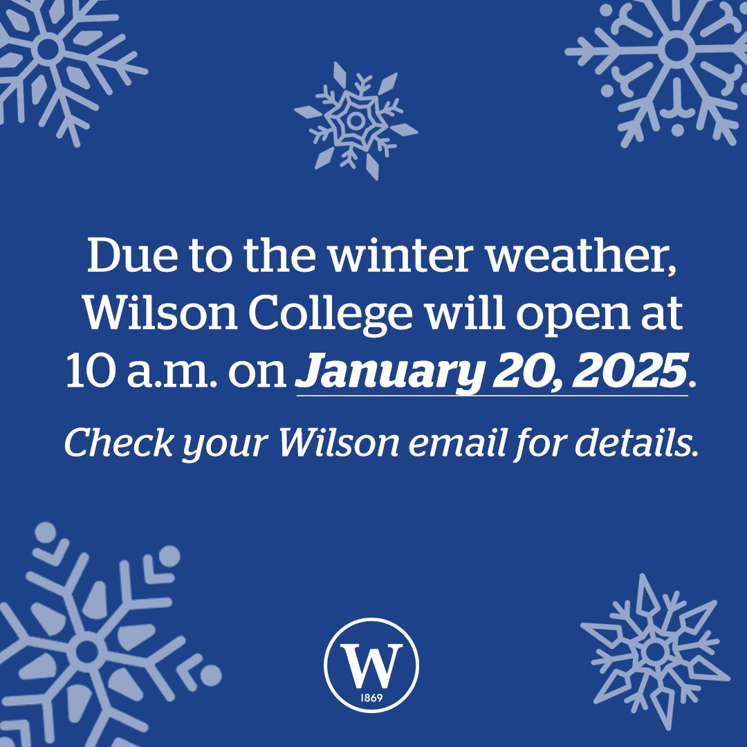 All campus offices will open and in-person classes will begin at 10 a.m. on 1/20. Online courses will continue as scheduled. Students, faculty, and staff who are traveling to campus should not arrive before 9:30 a.m. Please check your Wilson email for more info.