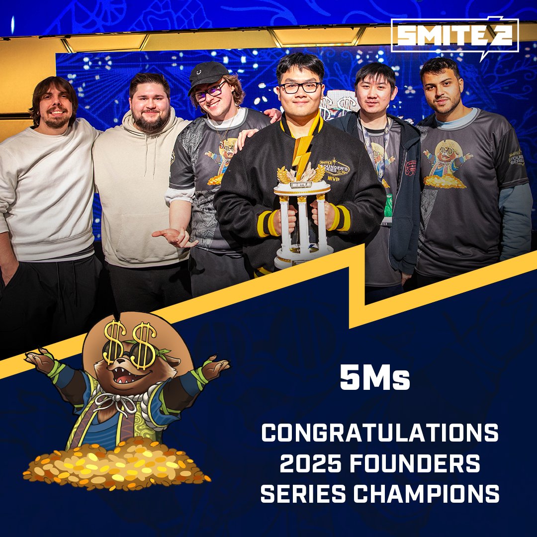 Congrats to our VERY FIRST SMITE 2 esports Champions - 5M's!

🏆 <a href="/TheCherryo/">cherryo</a>
🏆 <a href="/Varizial1/">Lucas</a>
🏆 <a href="/sBennyQ/">Benny</a>
🏆 <a href="/PBMsmite/">Michael Heiss</a>
🏆 <a href="/CycloneSpin_/">CycloneSpin</a>