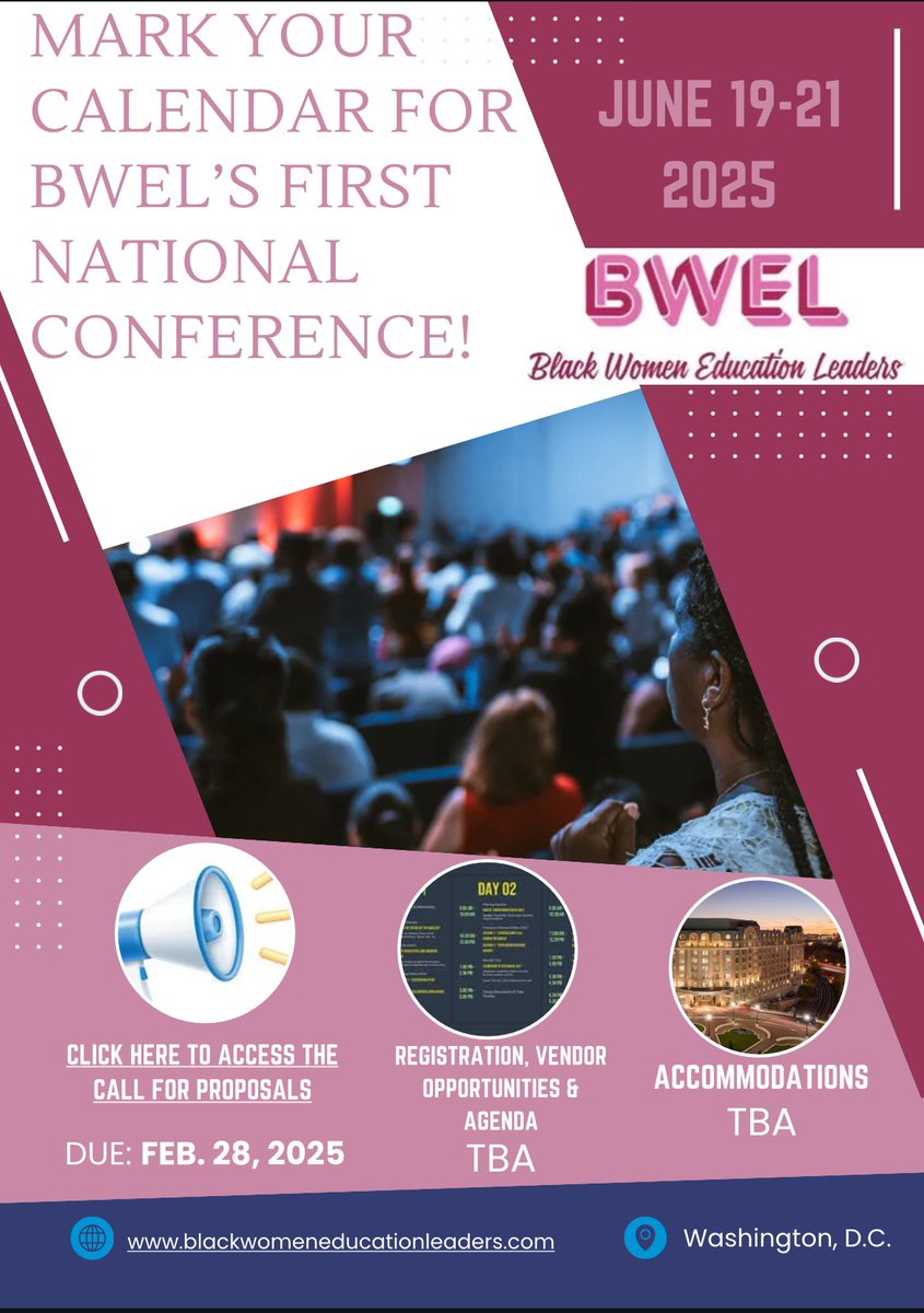 Call for Proposals: Black Women Education Leaders, Inc. First National Conference

BWEL is thrilled to announce our First National Conference taking place June 19-21, 2025, in Washington, D.C. This groundbreaking event will gather educational leaders, innovators, and