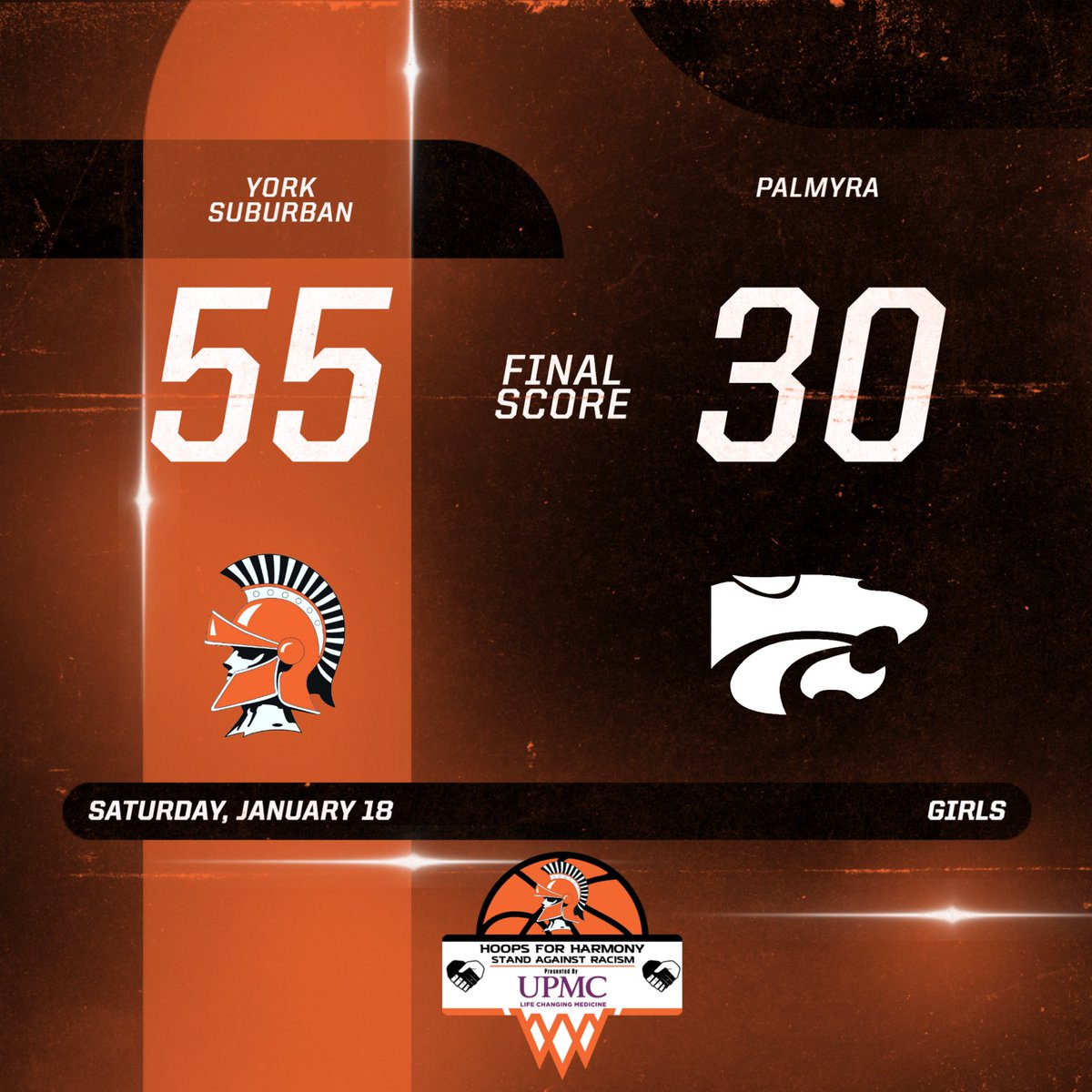 York Suburban shines with a commanding 55-30 victory over Palmyra! 🏀🔥 A fantastic display of teamwork and determination in the #HoopsForHarmony showcase. Great effort from both teams! 👏💪