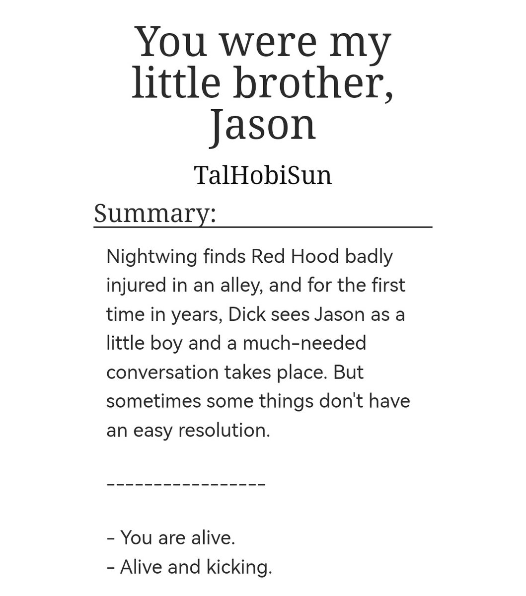 TalHobiSun's tweet photo. You were my little brother, Jason by TalHobiSun  https://t.co/8azkXuaMtn vía @ao3org

#DickGrayson #JasonTodd
#Angst #HurtComfort #Comfort #JasontoddPTSD #DickGraysonPTSD https://t.co/X9xN8s33RQ