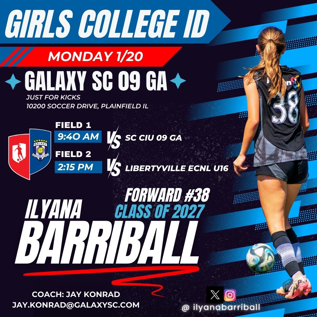 Ilyana Barriball 2027 (@ilyanabarriball) on Twitter photo Excited to play in our Galaxy 7v7 College ID tomorrow! Looking forward to playing in front of many great coaches!⚽️🔥
<a href="/GalaxySCIL/">Galaxy Soccer Club</a> <a href="/galaxy09GA/">Galaxy2009GA</a> <a href="/GAcademyLeague/">Girls Academy</a> <a href="/ImYouthSoccer/">ECNL/GA/Recruiting/College Soccer</a> <a href="/TheSoccerWire/">SoccerWire</a> <a href="/TopDrawerSoccer/">TopDrawerSoccer</a> <a href="/PrepSoccer/">Prep Soccer ⚽️</a> Excited to play in our Galaxy 7v7 College ID tomorrow! Looking forward to playing in front of many great coaches!⚽️🔥
<a href="/GalaxySCIL/">Galaxy Soccer Club</a> <a href="/galaxy09GA/">Galaxy2009GA</a> <a href="/GAcademyLeague/">Girls Academy</a> <a href="/ImYouthSoccer/">ECNL/GA/Recruiting/College Soccer</a> <a href="/TheSoccerWire/">SoccerWire</a> <a href="/TopDrawerSoccer/">TopDrawerSoccer</a> <a href="/PrepSoccer/">Prep Soccer ⚽️</a>