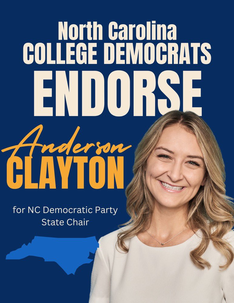 CDNC is proud to endorse Anderson Clayton for reelection as Chair of North Carolina Democrats! 

She provided her support to College Dems with her 30in30 tour and we look forward to building more power with Chair Clayton.