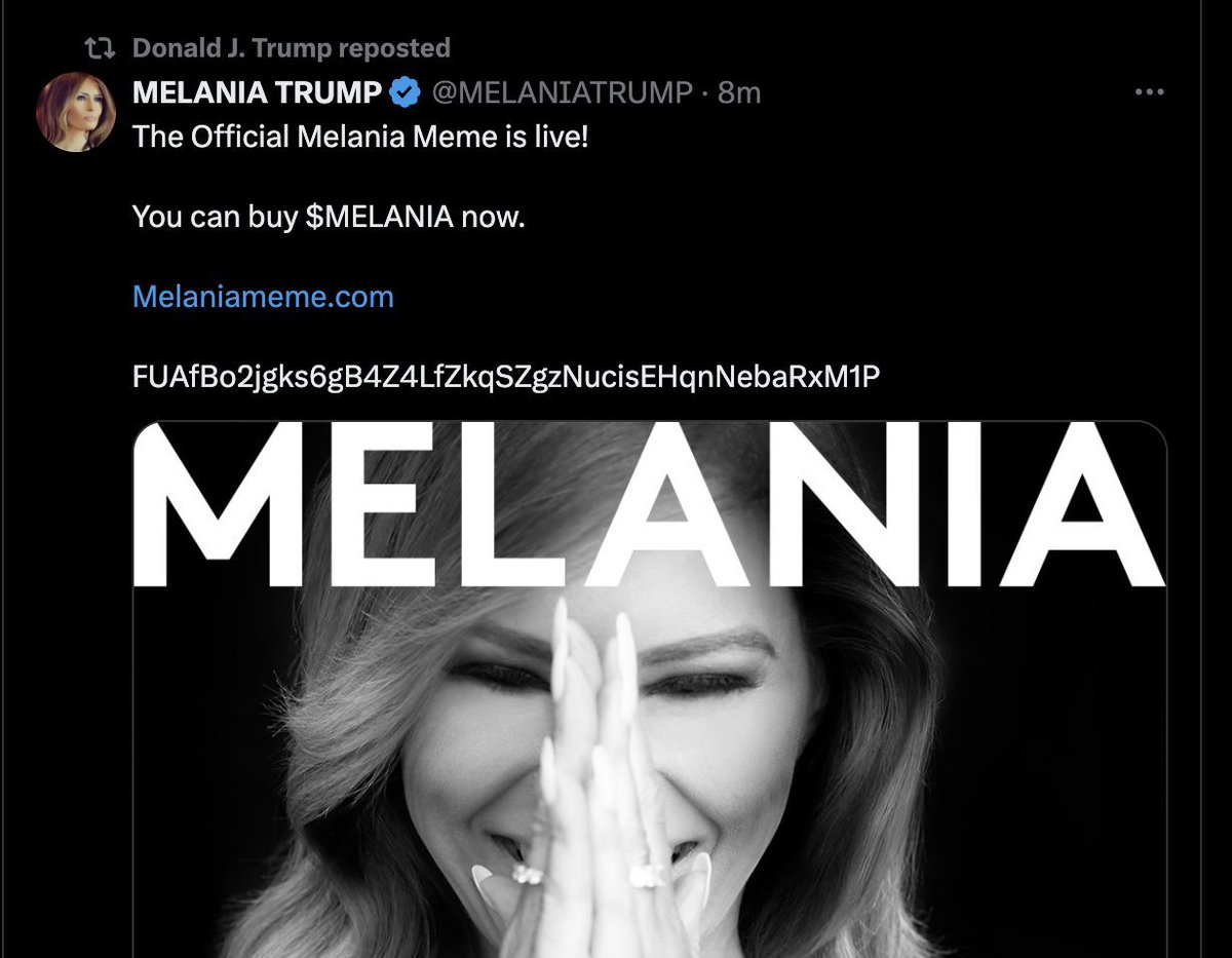 Weet niet zeker of ik ooit nog wakker ga worden uit deze koortsdroom, maar nadat Trump een meme coin heeft gelanceerd en binnen een dag miljarden heeft "verdiend" volgt nu ook zijn lieftallige echtgenote om haar zakken te vullen.

Zijn in ieder geval geen stiekeme boeven.