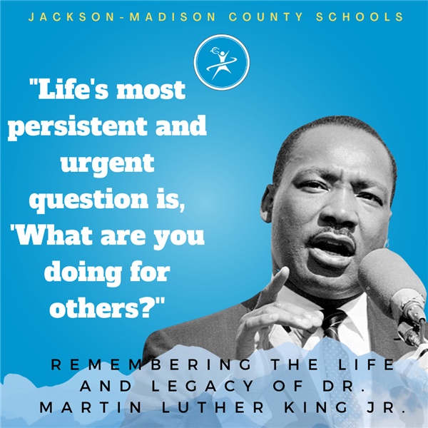 JMCSchools's tweet photo. Remembering the life and legacy of Dr. Martin Luther King, Jr. Schools and offices will be closed tomorrow. 
Click the link to learn more >>> https://t.co/Ya1b7hO8Yf https://t.co/7WN3zM8tts
