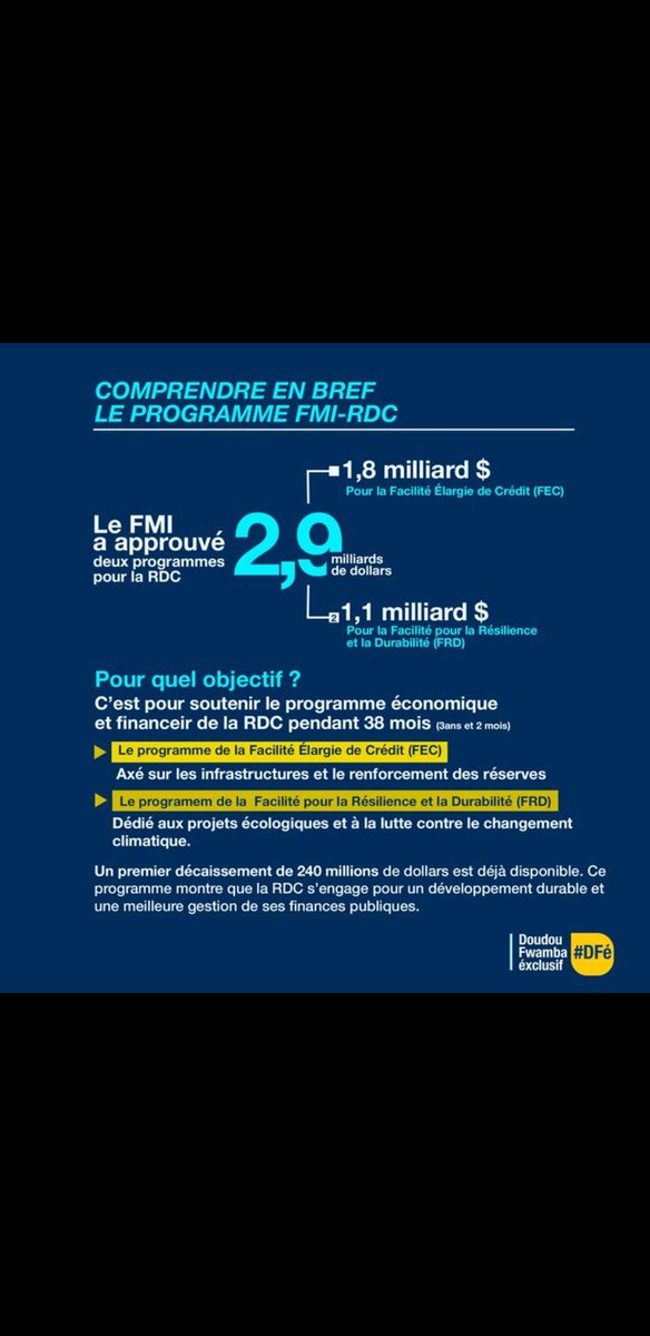 FellyKabongo6's tweet photo. Facilité Élargie de Crédit (FEC):
•1,8 milliard $ aux infrastructures vitales: Routes, hôpitaux et centrales hydroélectrik.
•Renforcement des réserves financières pr la stabilité écque.
2️⃣Facilité pr la Résilience et la Durabilité(FRD):
•1,1 milliard $ des projets verts,... https://t.co/LbEZE1pUfY