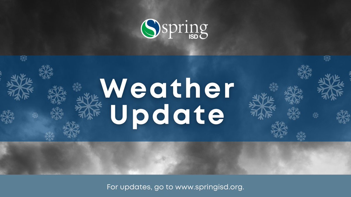 ❄️Please be advised that Spring ISD schools and offices will be closed Tuesday, January 21 and Wednesday, January 22, due to the forecast of hazardous winter weather conditions.  For updates, go to springisd.org and monitor social media. Please stay safe.