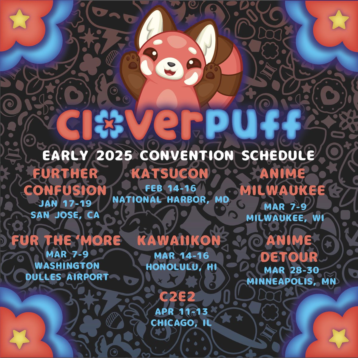 A little belated, but here is our early 2025 convention schedule! We have so many fun goodies planned for this year, and we can’t wait to show you guys 😉! Where will we see you?