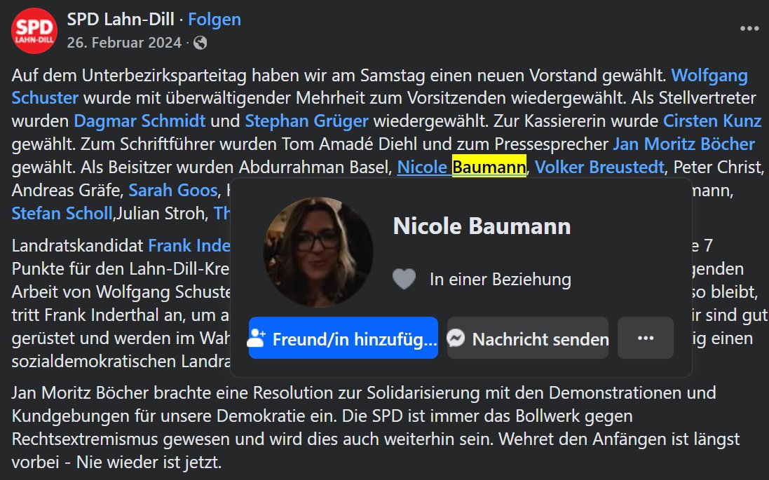 ReimondHoffmann's tweet image. Um nochmal nachzuweisen, dass das alles echt ist: Hier die Markierung von Frau Woolsey/Baumann bei der SPD Lahn-Dill. Sie ist es.