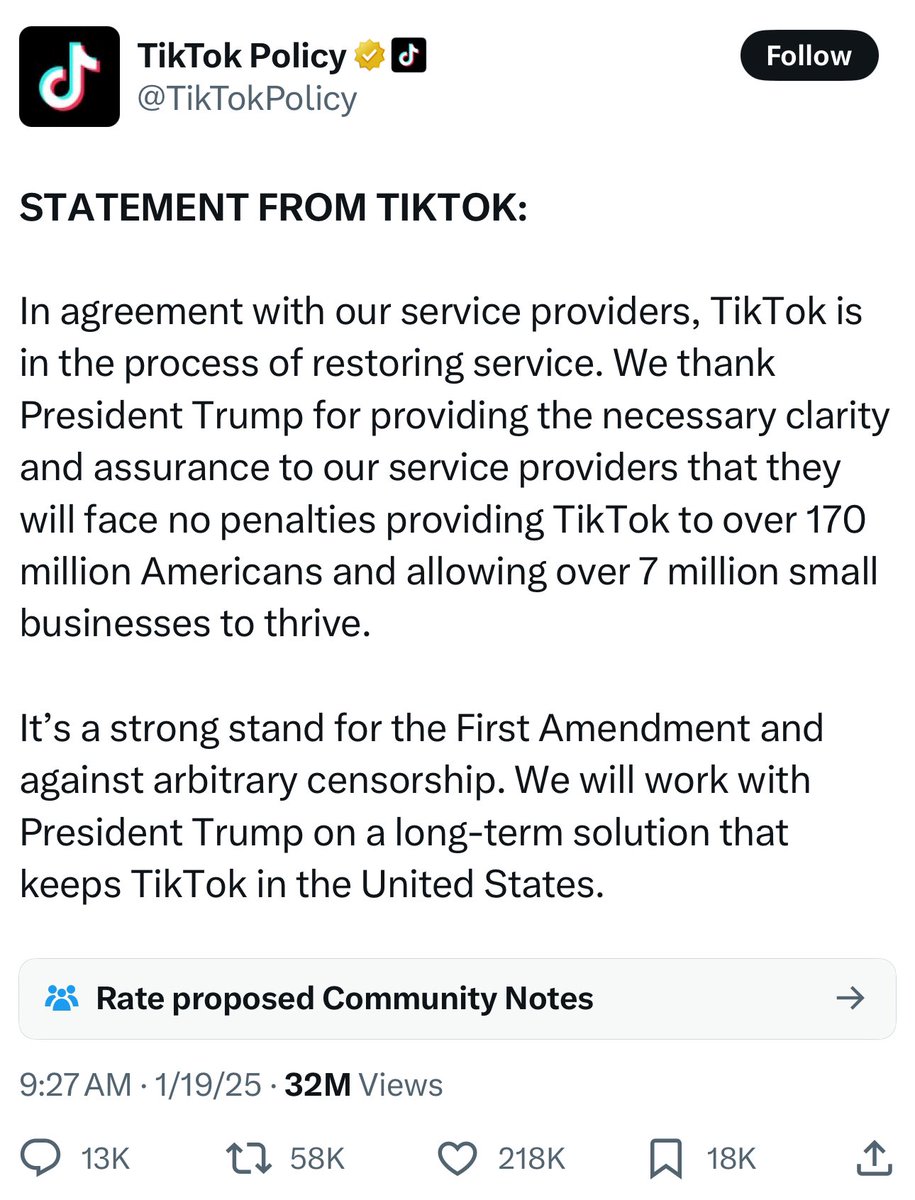 TikTok 这周末来回折腾，纯粹就是自己给自己加戏。

第一，Biden 宣布了他的政府（任期至 1 月 19 日）不会对 TikTok 的封禁进行执法（enforcement），也就是说政府对于应用商店是否封禁 TikTok 置之不理。应用商店自己想要封禁可以封禁，不封禁理论上违法但也不会受到处罚。

第二，Trump
