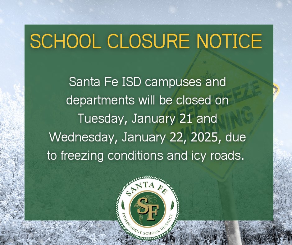 Due to freezing weather conditions, SFISD campuses and departments will be closed Tuesday and Wednesday. 
This includes all extracurricular activities. Monday will remain a teacher professional development day.