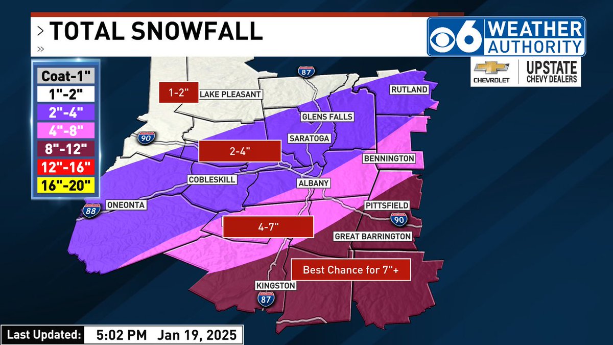 CBS6CraigAdams's tweet photo. Our snowfall projection map remains unchanged from yesterday's projections.  The snow will taper off later tonight as the system will be moving at a fairly fast pace.  Most place see a plowable snowfall with lowest amounts to the north and west https://t.co/1oKpepMrYA