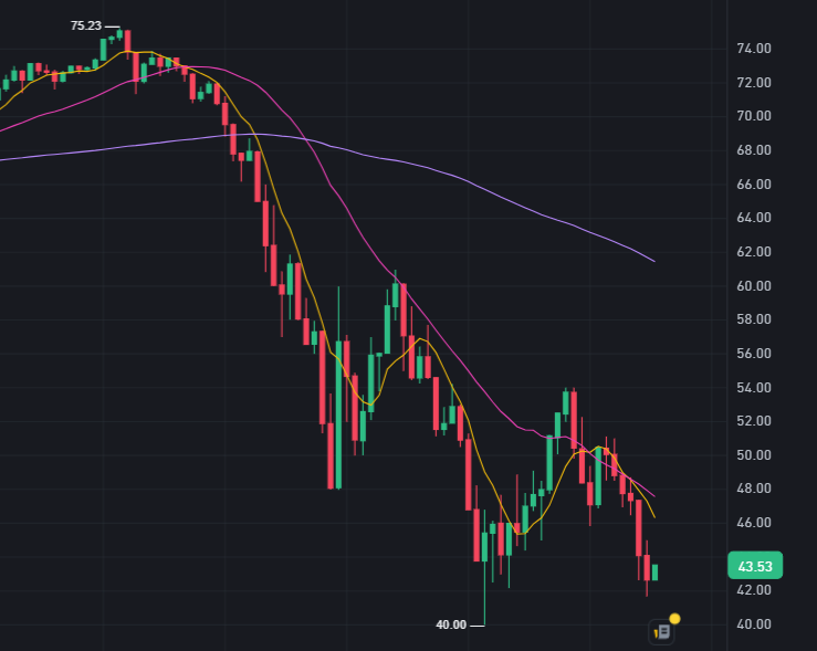 Chainintern's tweet image. $TRUMP drop to $43, I think it is a good buy here for short term trade(just for short term), it is just oversold for now, once #MELANIA memecoin and the whole market settle down, money will flow back to $trump.