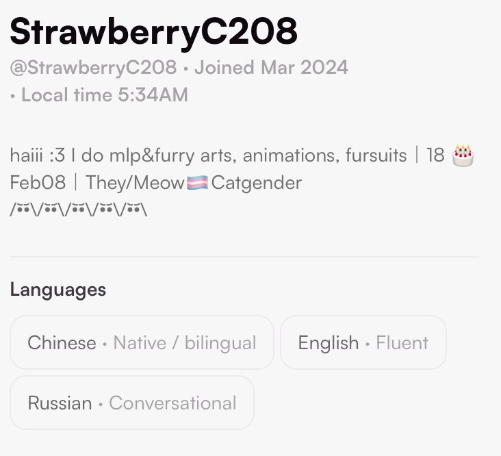 StrawberryC208's tweet image. 🔝2025
Call me Strawberry! info in bio🇨🇳🏳️‍🌈🏳️‍⚧️🐱🍓
Furry&amp;amp;MLP artist,Animator,fursuiter
💌@_Blue_Maple_ 

welcome to be friends :3 i follow back artists
not good at social pls be patient &amp;gt;&amp;lt;
欢迎互关!!

🦋strawberryc208.██.social
💽strawberryc208.straw.page
✏️ko-fi.com/strawberryc208/