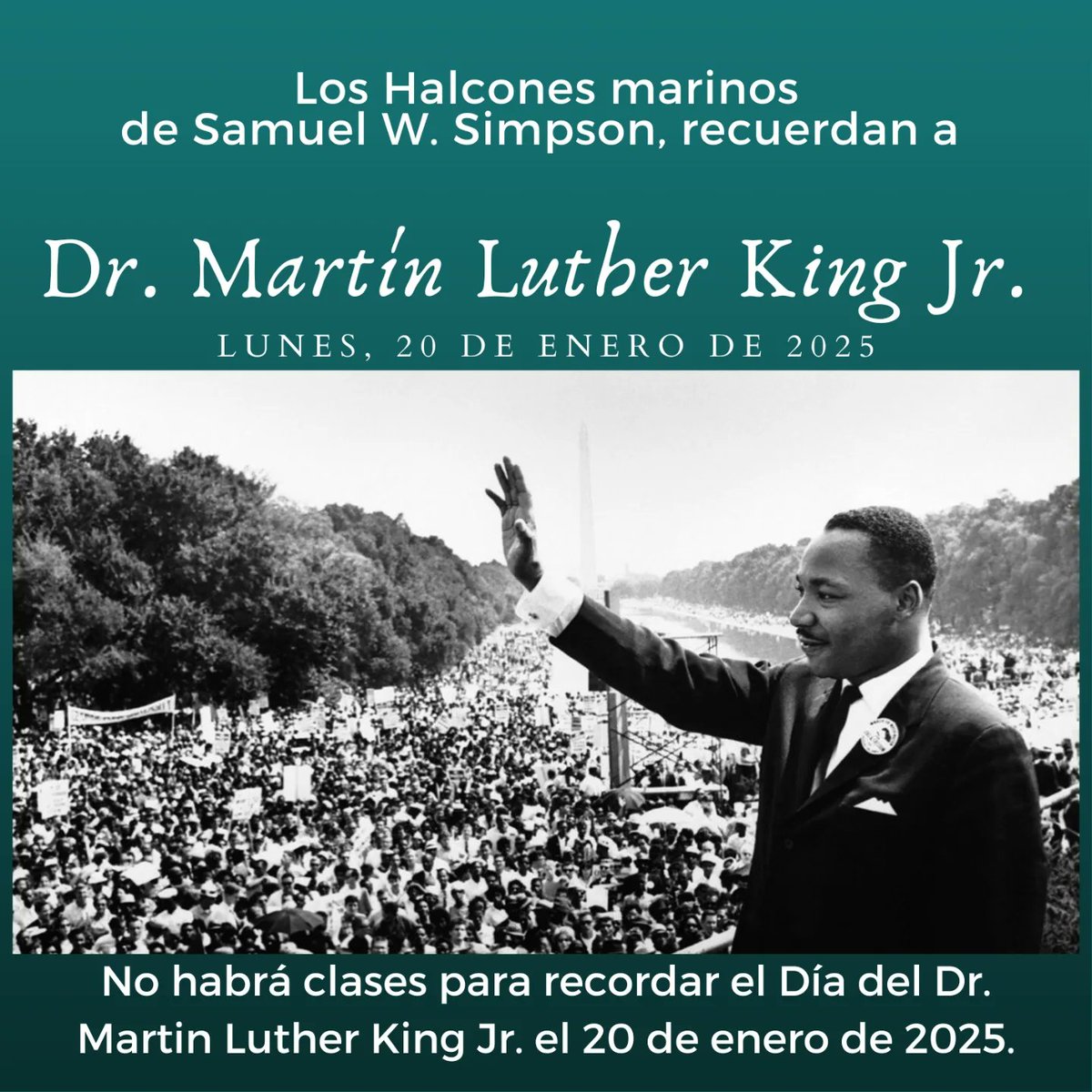 📣 Reminder: No School on Monday, January 20 📣
Samuel Simpson Elementary School honors the legacy of Dr. Martin Luther King Jr. on this special day. Let’s take this time to reflect on his contributions to equality, justice, and peace.