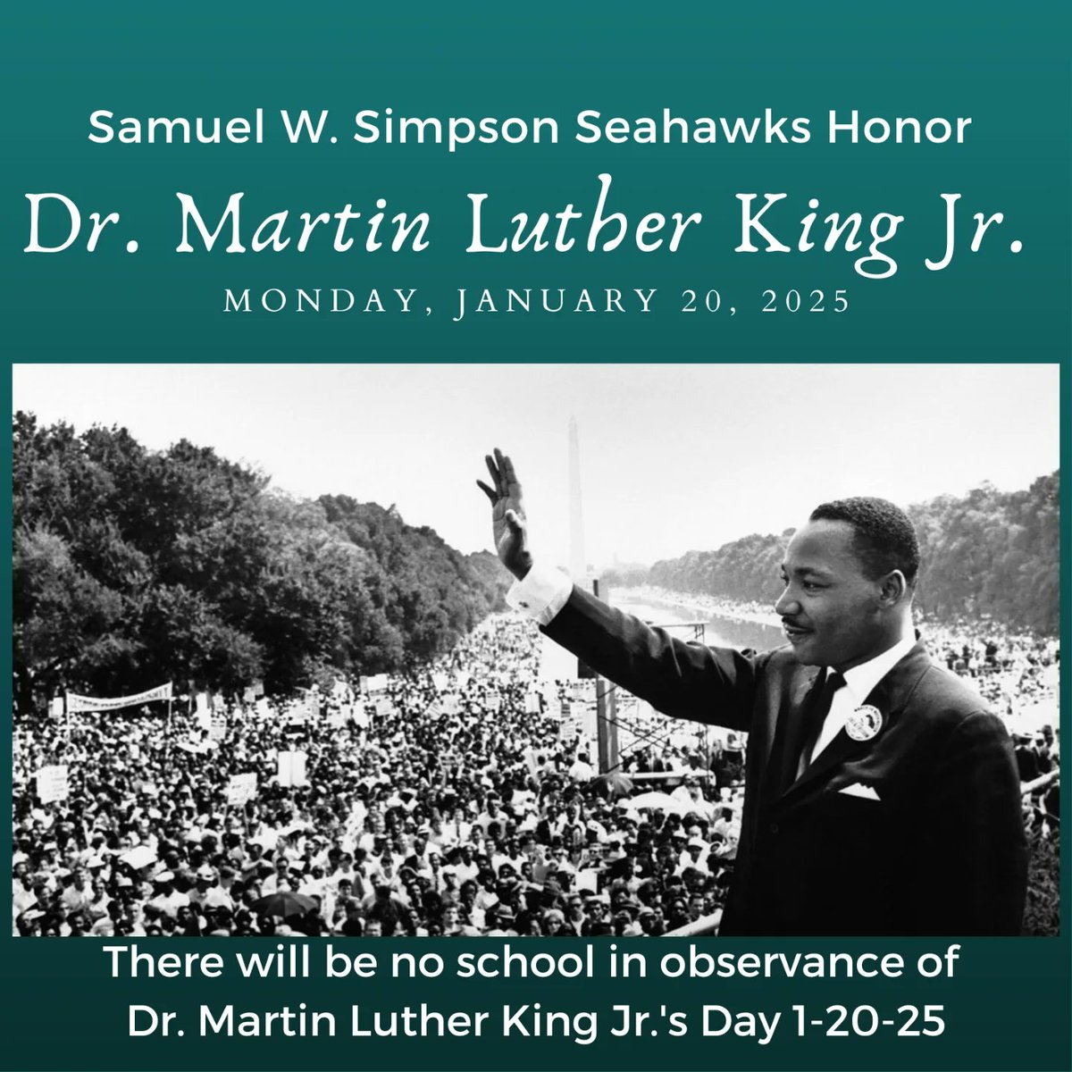 RialtoSimpson's tweet photo. 📣 Reminder: No School on Monday, January 20 📣
Samuel Simpson Elementary School honors the legacy of Dr. Martin Luther King Jr. on this special day. Let’s take this time to reflect on his contributions to equality, justice, and peace. https://t.co/8JX6TAB6LJ