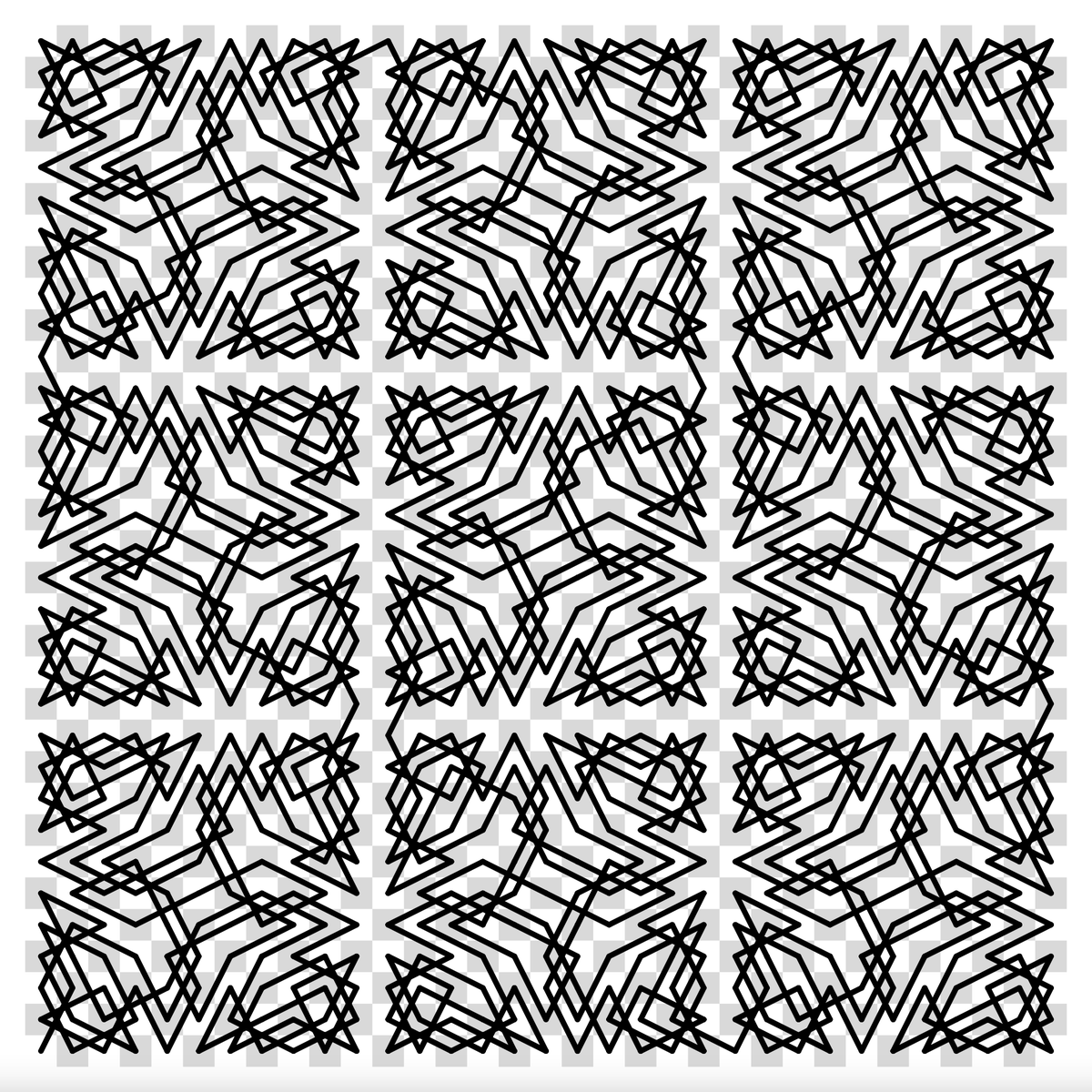 baabbaash's tweet photo. An open knight’s tour of a 33x33 board, and an open knight’s tour of a 99x99 board. Each one uses the same 11x11 tour as a motif, and each one follows a Peano-curve-like path through its array of 11x11 cells. Some #optart for #genuary19 (#opart). https://t.co/Wyzp2feWs6