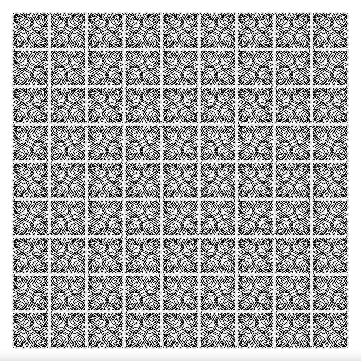 An open knight’s tour of a 33x33 board, and an open knight’s tour of a  99x99 board. Each one uses the same 11x11 tour as a motif, and each one  follows a Peano-curve-like path through its array of 11x11 cells. Some #optart for #genuary19 (#opart).