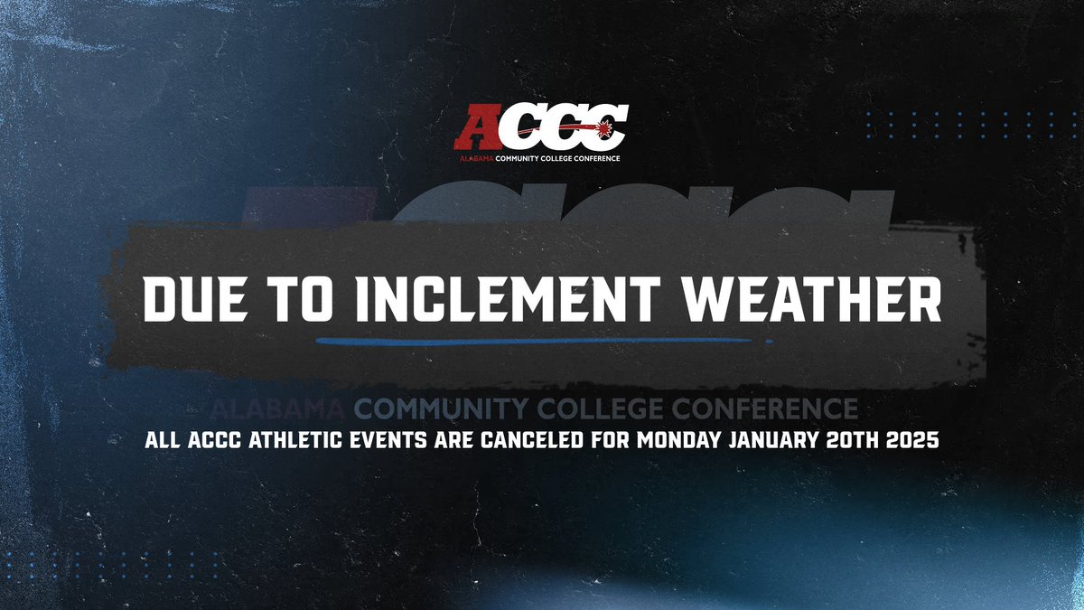 🚨Attention🚨

All <a href="/acccathletics/">ACCC</a> events have been postponed for Monday, January 20 due to incoming inclement weather.  

Stay tuned for make-up date.