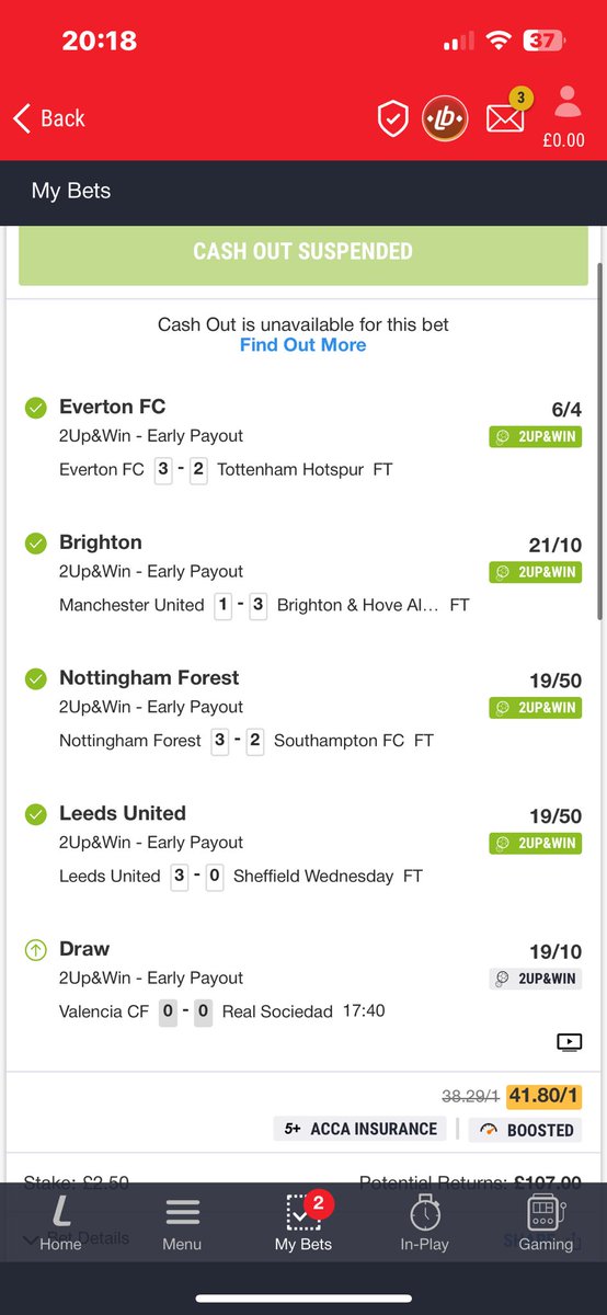Tezza_4_'s tweet photo. @Ladbrokes  not letting me cash this out all day . Great service as ever 🙄 https://t.co/4AwKoMTy1W