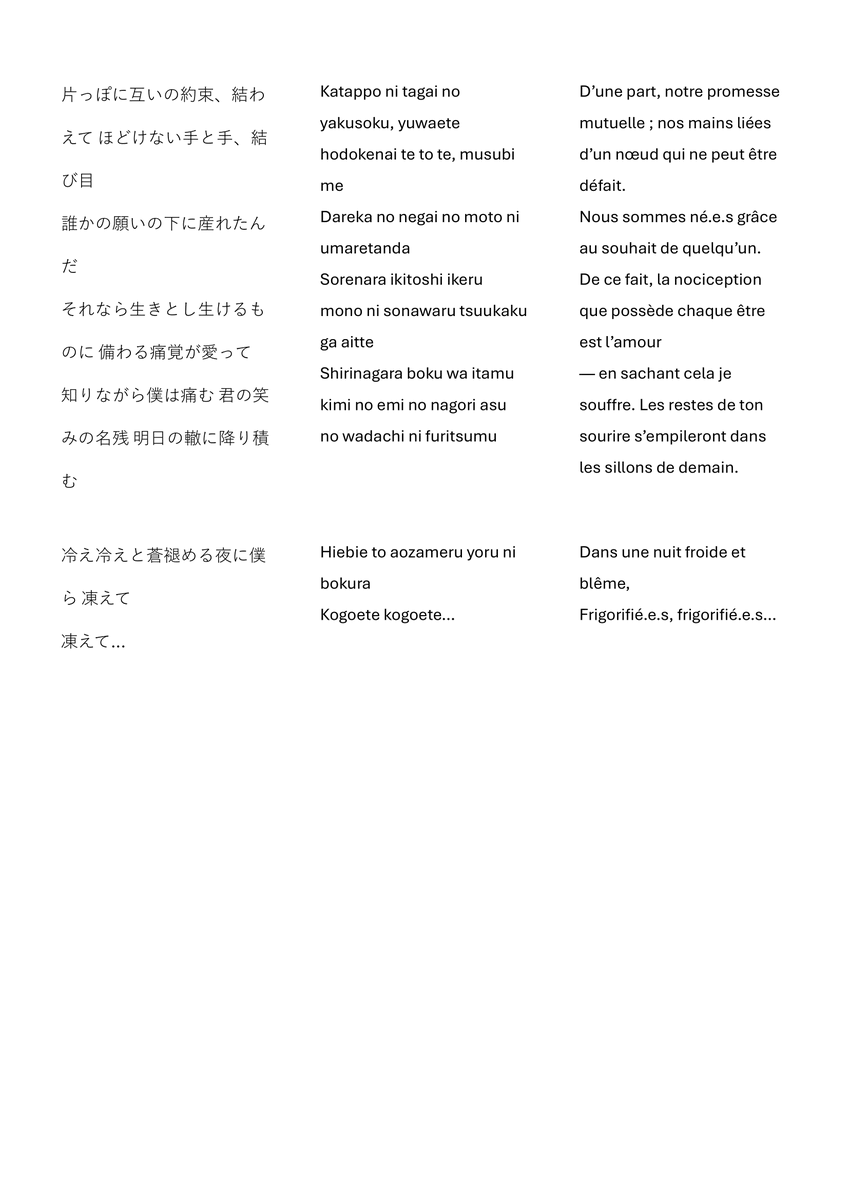 Mieux vaut tard que jamais ! Voici la transcription et la traduction de "Tsuukaku" (#痛覚), « Nociception » (faculté de ressentir la douleur), le dernier titre paru d' #amazarashi !

この前日に、#amazarashi の新曲『#痛覚』をフランス語で翻訳しました！