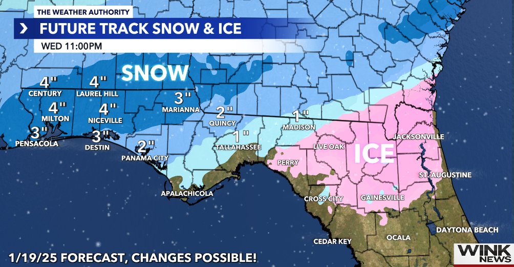 MattDevittWX's tweet photo. NEW: Winter Storm Watch has been issued in Northern Florida, first time in  11 years (2014). The potential is there for 1 - 4" of snow in the Panhandle on average Tuesday into Wednesday morning. Can't rule out a few isolated higher totals. Although some snow will mix in, ice and sleet will be more of an issue from Tallahassee to Jacksonville...and  possibly even into Gainesville. I'll continue to keep you updated! ❄️ #Florida #Snow