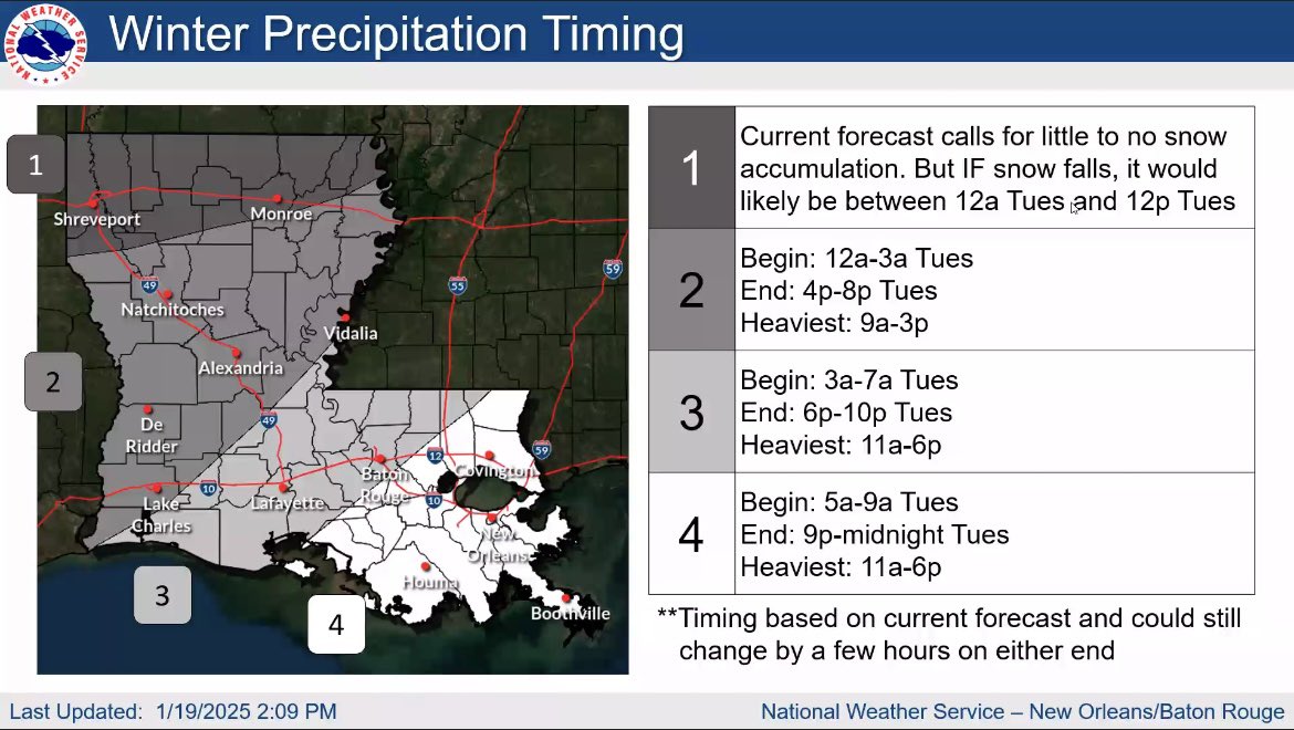 RedStickReady's tweet photo. When will the snow be here? 
@NWSNewOrleans forecast the winter precipitation to begin around 3 AM Tuesday morning and continue through the evening, with the heaviest snow falling between 11 AM and 6 PM. https://t.co/kbMRUKPkNn