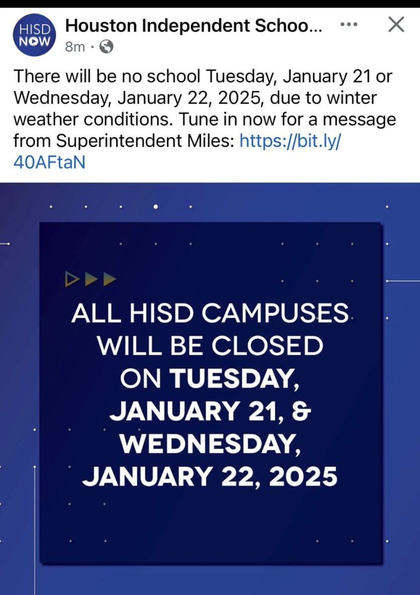 HoustonCVPE's tweet photo. Last year, HISD Miles kept schools open during bad weather, ignoring student safety. Thanks to YOUR advocacy, he's closing schools on Tue and Wed.
Imagine if it had been a MAP testing day, though. Would he have done the right thing then? #PrioritizeStudents #Endthetakeover https://t.co/9zg2GpaGYq