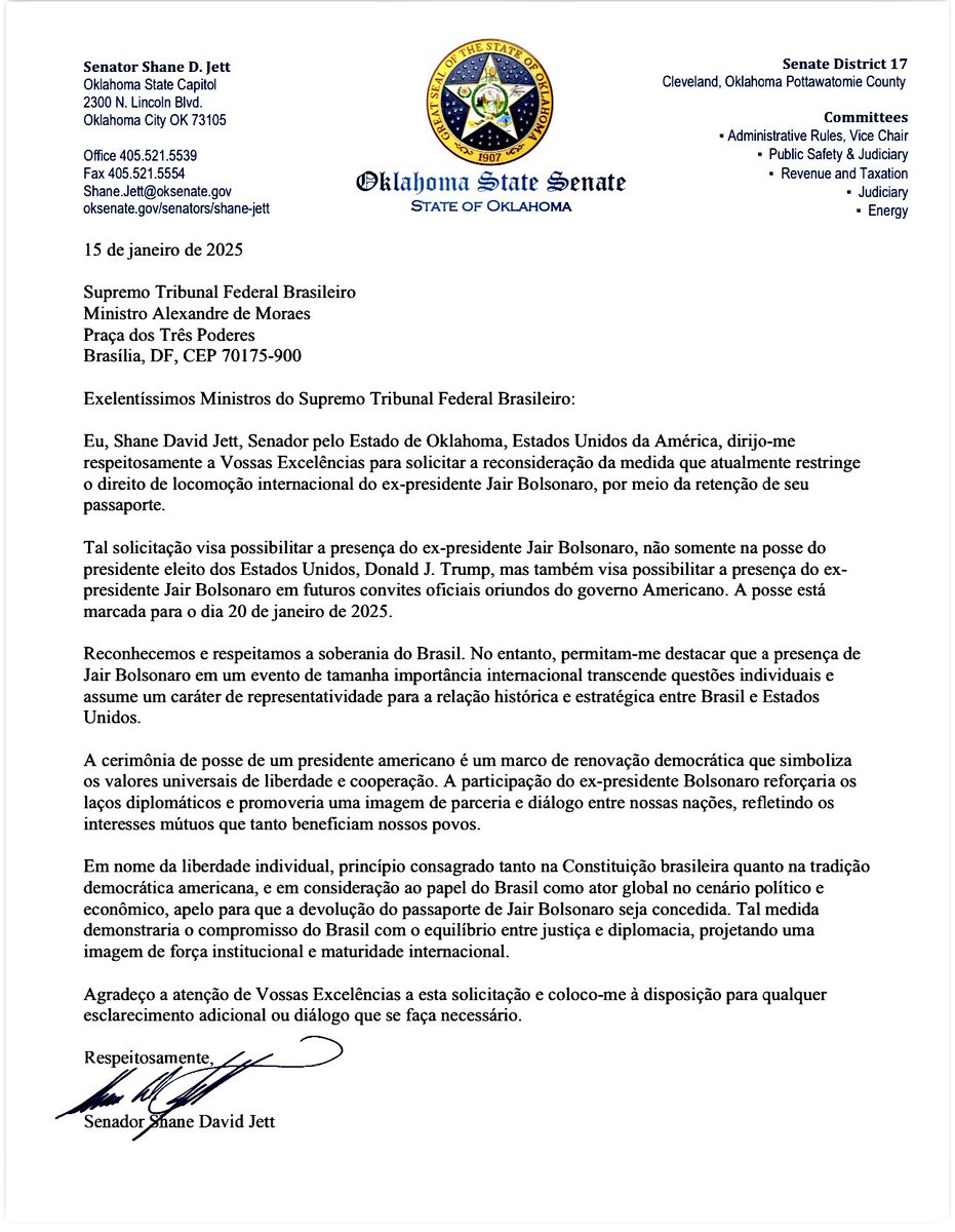 Enviei uma carta ao Ministro Alexandre de Moraes 
<a href="/alexandre/">Alexandre de Moraes</a> e demais ministros Supremo Tribunal Federal Brasileiro <a href="/STF_oficial/">STF</a>:

Em nome da liberdade individual, princípio consagrado tanto na Constituição brasileira quanto na tradição democrática americana, e em consideração ao