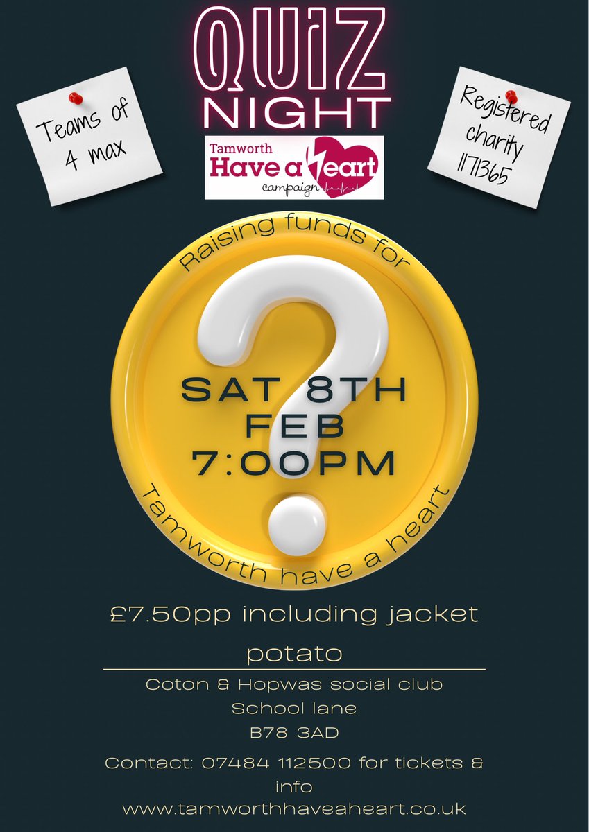 Fancy a night out? Getting that grey matter in your head, working overtime? Then join us for our quiz night. Raising much needed funds for our charity. £7.50pp including a jacket potato. Teams of 4 max. Contact 07484 112500 to book your tickets! 
Please do like &amp; share ❤️