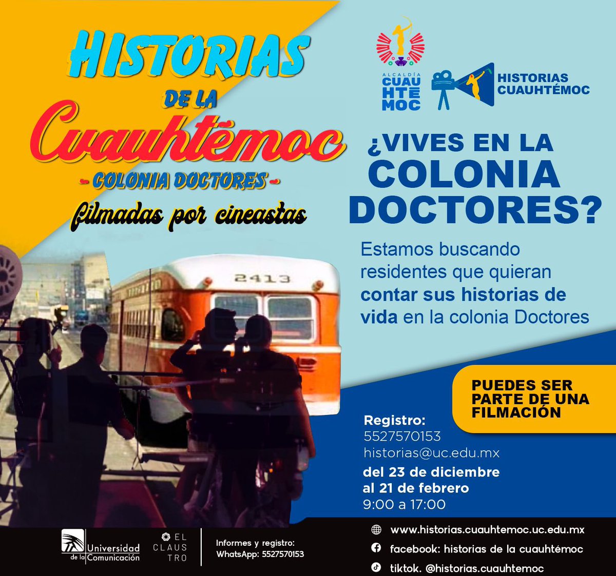 🎬 ¡Tu historia merece ser contada!
Si vives en la colonia Doctores, esta es tu oportunidad de ser parte de un emocionante proyecto de filmación.

🗓️ Registro hasta el 21 de febrero.
📞 5527570153 | ✉️ historias@uc.edu.mx

¡No te quedes fuera!

#ElPoderEnTusManos