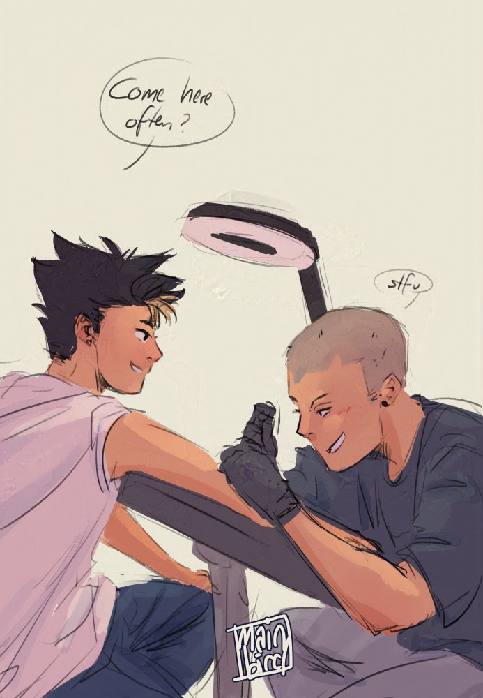 Tanaka as tattoo artist and noya (with lame ass pick up lines) as the canvas. because i always have my tananoya agenda :)

#haikyuu