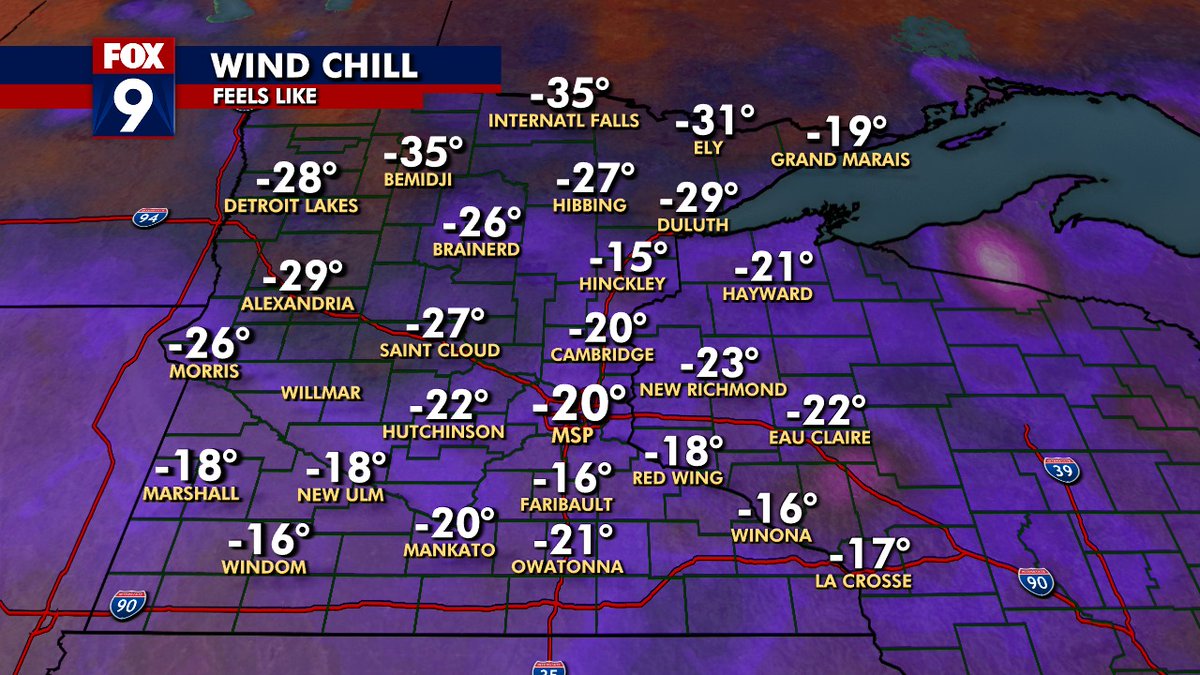 ian_leonard's tweet photo. Wind chills at 4 PM Sunday...these wind chill numbers will drop into the -30 to -40 range overnight for most of Minnesota including The Twin Cities Metro. #stupidcold @FOX9 https://t.co/wVigWROaWT