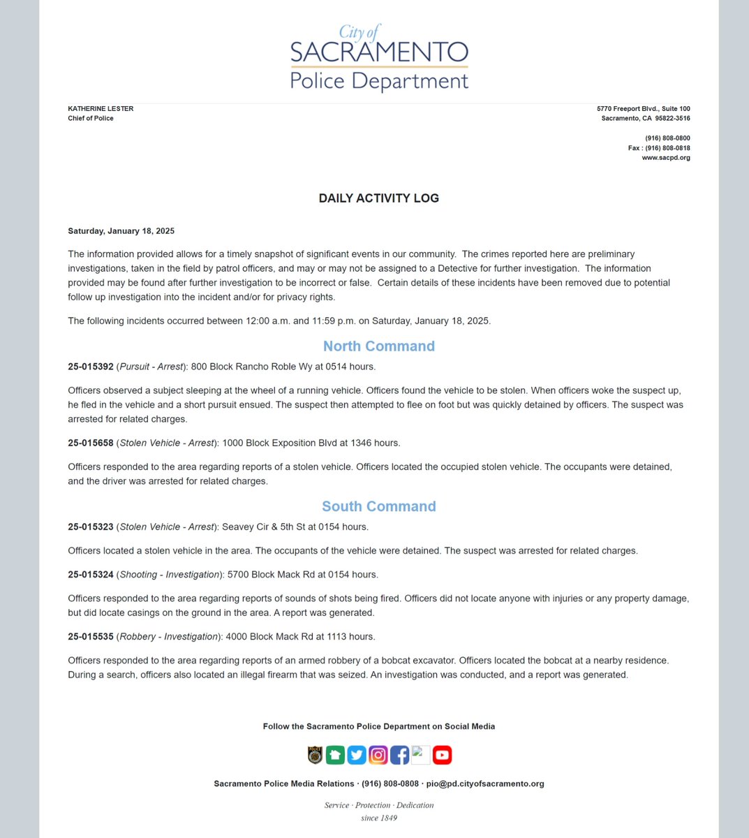 Our officers have had a busy weekend. Here is just a glimpse of what they responded to and successfully handled on Saturday. 

To receive notifications and see a summary of what we do in our community every day, follow our Daily Activity Log here: cityofsacramento.gov/police/police-…