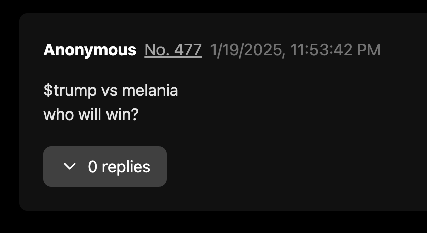 SolchanOrg's tweet photo. $trump vs melania
who will win?
discuss on solchan! https://t.co/DII9JYZCts
