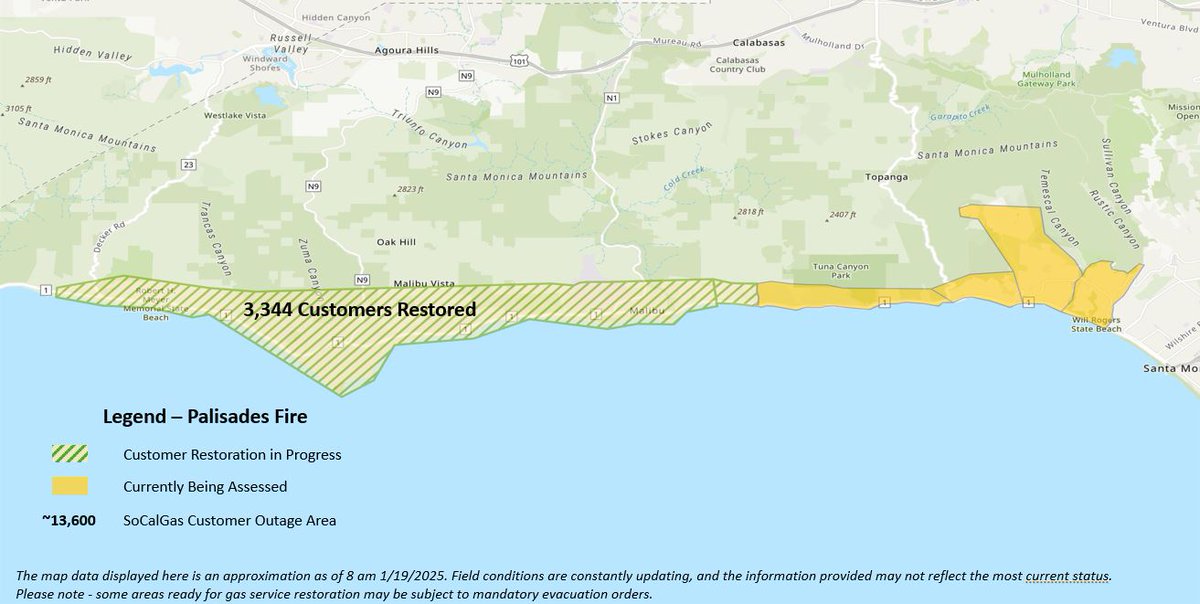 socalgas's tweet photo. 1/19 Update: SoCalGas has completed 3,344 restorations in Malibu and 2,525 restorations in Sierra Madre and Pasadena for customers not directly impacted by the fire. These daily maps show where we’ve restored, where we will be working today, and areas we will be getting to next. https://t.co/lBYDROhEnn