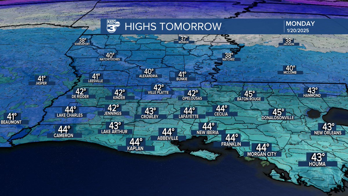 robperillo's tweet photo. Killer cold follows Acadiana's major winter storm...
Here's the latest highs and lows for Acadiana through the next 36 hours...gets worse Tuesday night into Wednesday morning with lows close to the mid teens and single digit wind chills by Wednesday morning https://t.co/W1v9Ex6Mbs