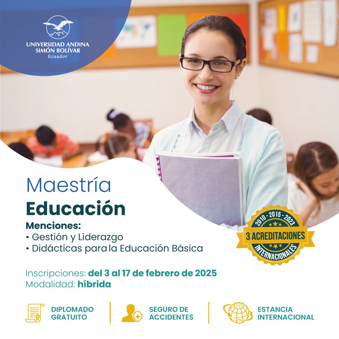 uasbecuador's tweet photo. 📌 𝗖𝗼𝗻𝘃𝗼𝗰𝗮𝘁𝗼𝗿𝗶𝗮 𝗱𝗲 𝗣𝗼𝘀𝗴𝗿𝗮𝗱𝗼𝘀 𝟮𝟬𝟮𝟱

¡Invierte en tu crecimiento profesional y expande tus horizontes como docente! Aplica a la 𝗠𝗮𝗲𝘀𝘁𝗿𝗶́𝗮 𝗲𝗻 𝗘𝗱𝘂𝗰𝗮𝗰𝗶𝗼́𝗻 𝗰𝗼𝗻 𝗺𝗲𝗻𝗰𝗶𝗼́𝗻 𝗲𝗻 𝗚𝗲𝘀𝘁𝗶𝗼́𝗻 𝘆 𝗟𝗶𝗱𝗲𝗿𝗮𝘇𝗴𝗼; 𝘆 𝗗𝗶𝗱𝗮́𝗰𝘁𝗶𝗰𝗮𝘀 𝗽𝗮𝗿𝗮 𝗹𝗮 𝗘𝗱𝘂𝗰𝗮𝗰𝗶𝗼́𝗻 𝗯𝗮́𝘀𝗶𝗰𝗮.

¡𝗔𝗻𝗱𝗶𝗻𝗮, 𝘂𝗻𝗮 𝗲𝘅𝗽𝗲𝗿𝗶𝗲𝗻𝗰𝗶𝗮 𝗽𝗮𝗿𝗮 𝘀𝗶𝗲𝗺𝗽𝗿𝗲! 🎓

✔️ Inscripciones: Hasta el 𝟭𝟳 𝗱𝗲 𝗳𝗲𝗯𝗿𝗲𝗿𝗼

Más información ➡️ https://t.co/Hzu8YyWBIx

Escríbenos al WhatsApp 👇🏻👇🏻
📲 𝟬𝟵𝟲 𝟯𝟬𝟳𝟳 𝟭𝟲𝟲

#PosgradosUASB2025