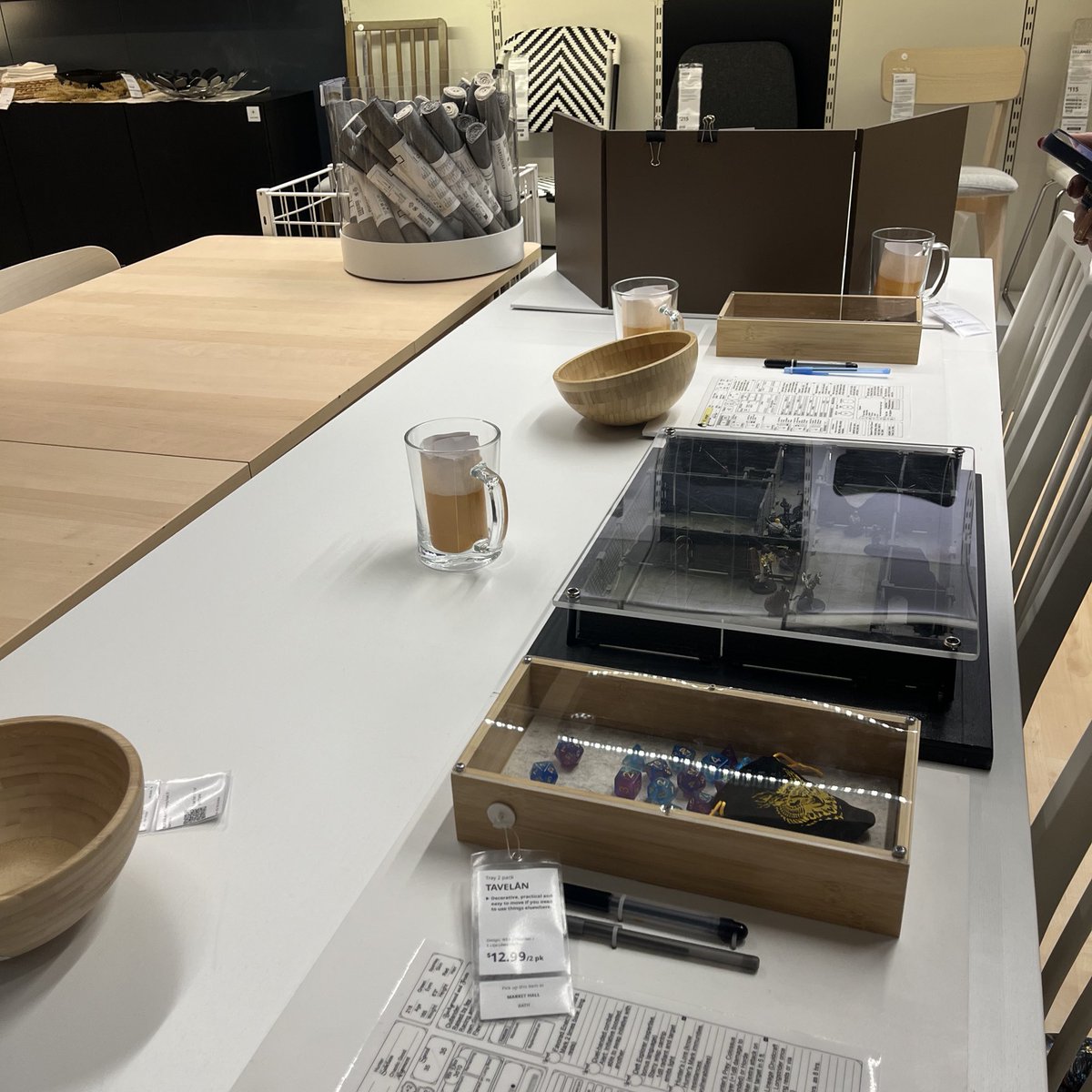 alittlevillainy's tweet photo. everyone shut up my ikea has a mock d&amp;d set up complete with character sheets, dm notes, fake beer and a battle map https://t.co/Gnl5FX0lEh