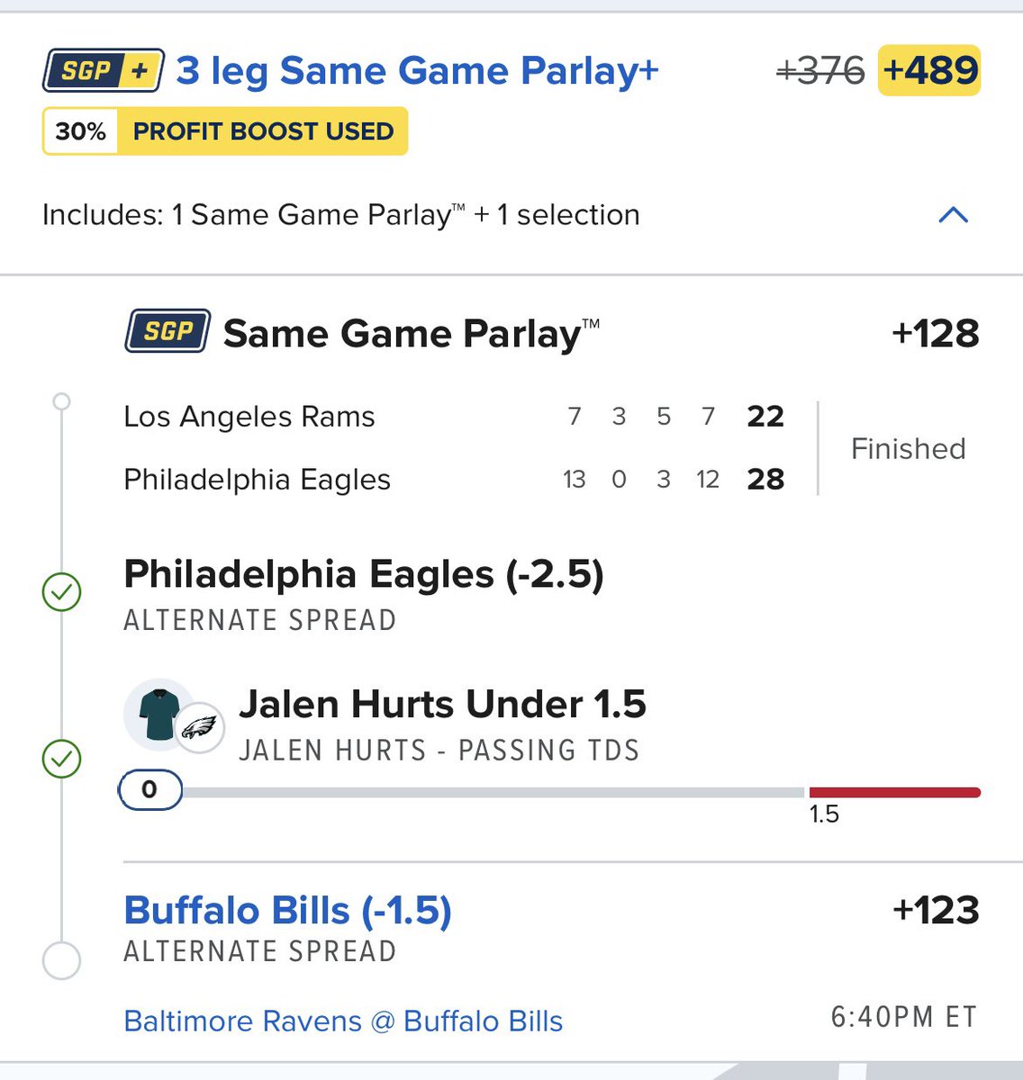 PerfectParlayz's tweet photo. Comes down to the Bills, like I said Josh Allen shows why he’s the MVP tonight. https://t.co/4pK3KBPhHT